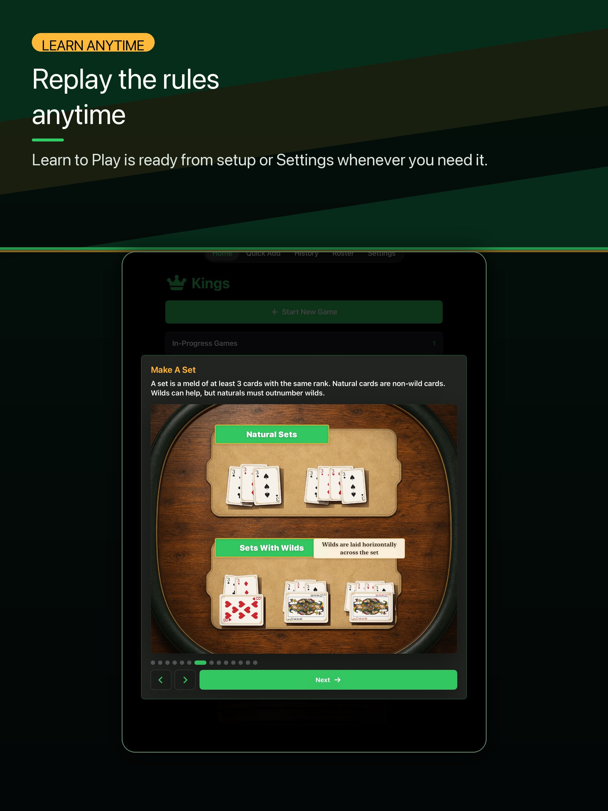 Kings iPad settings and rules screenshot