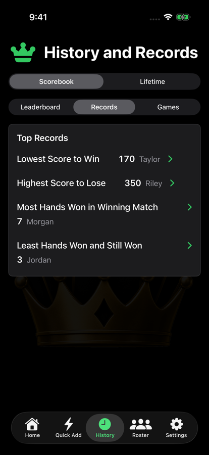 Kings iPhone history records screen
